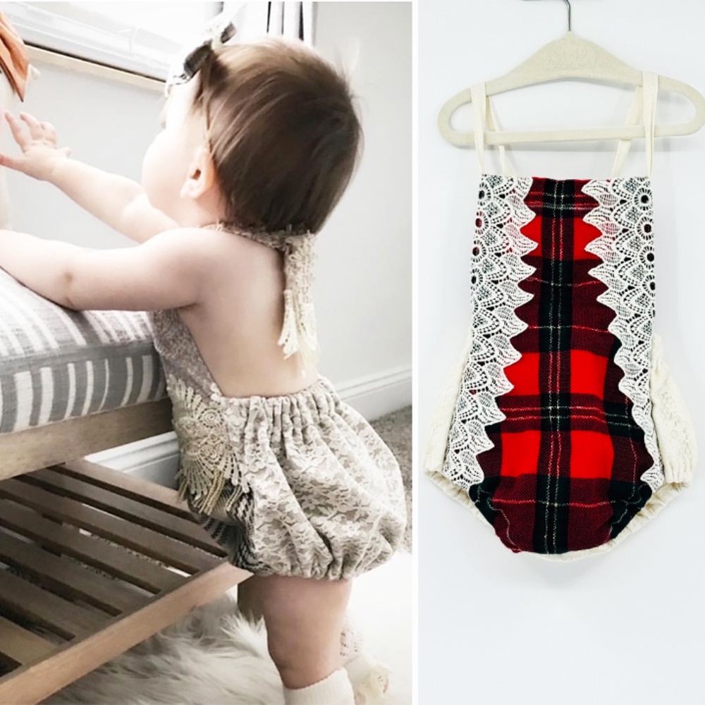 The Haltered Thread Tartan Plaid Crochet Lace Bloomer Romper